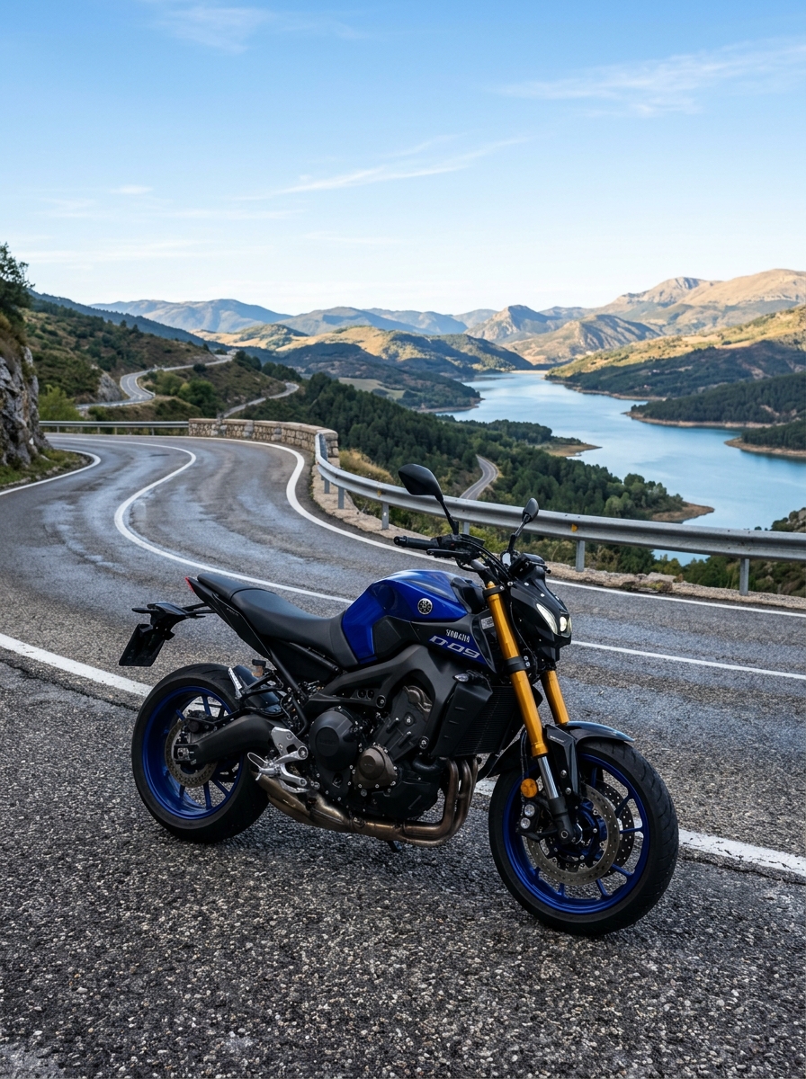 Motorcycle rider on scenic highway